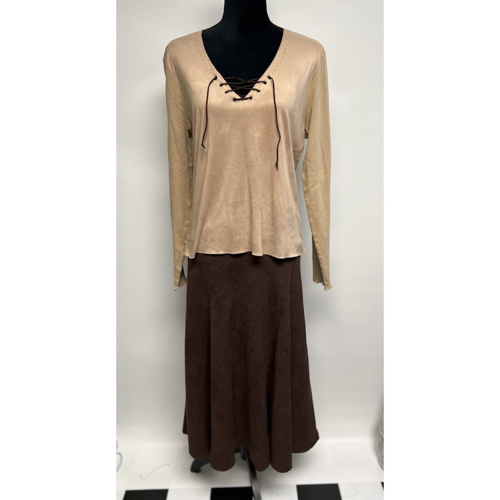 Vintage Womens Top Large Brown Faux Suede Hippie Western Boho 90s Y2K Grunge‎